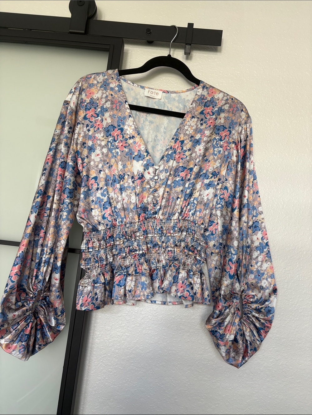 Fate Floral V-Neck Smocked Waist Blouse - Blue Pink